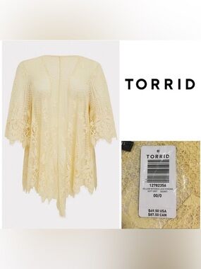 🆕TORRID - 00/0X M/L - NWT - YELLOW LACE KIMONO CARDIGAN / KAFTAN / COVER UP
